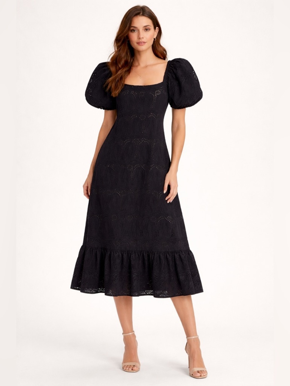 Maygel Coronel x Falabella Black Eyelet Puff Sleeve Midi Dress | Boho Chic